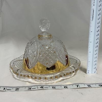 -116- Heavy Clear with Gold Accents | Covered Butter Dish | Lidded Jar | Jar | Creamer & Sugar