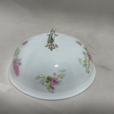 -121- White & Floral | Marked | Covered Butter Dish