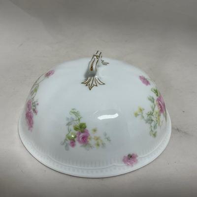 -121- White & Floral | Marked | Covered Butter Dish