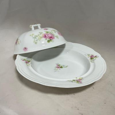 -121- White & Floral | Marked | Covered Butter Dish