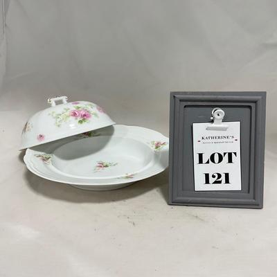 -121- White & Floral | Marked | Covered Butter Dish