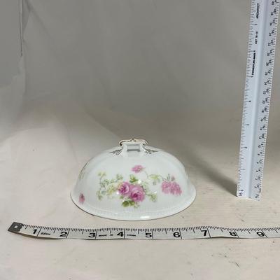 -121- White & Floral | Marked | Covered Butter Dish