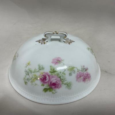 -121- White & Floral | Marked | Covered Butter Dish