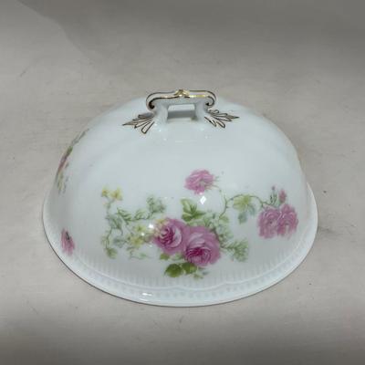 -121- White & Floral | Marked | Covered Butter Dish
