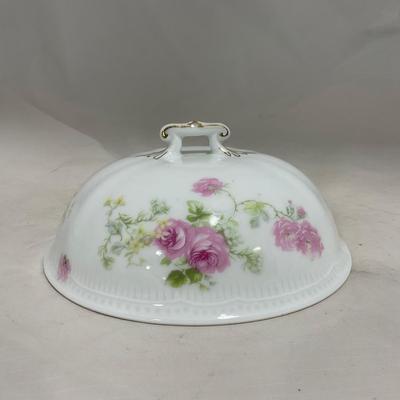 -121- White & Floral | Marked | Covered Butter Dish