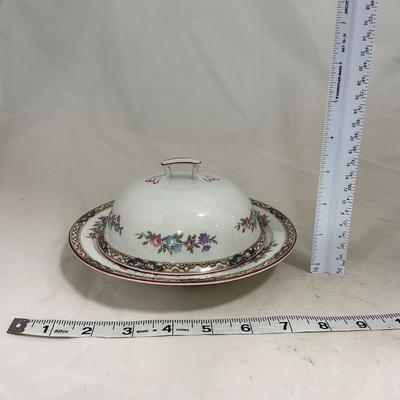 -123- White & Floral | Marked | Covered Butter Dish