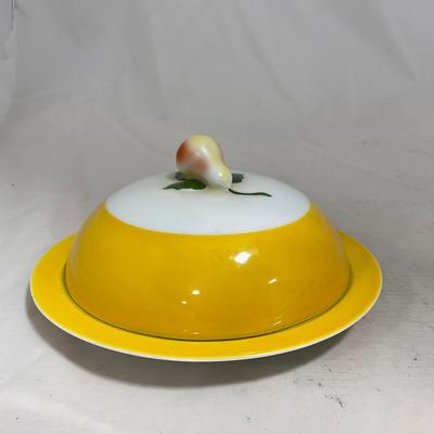-124- White & Yellow | Pear Finial | Marked | Covered Butter Dish