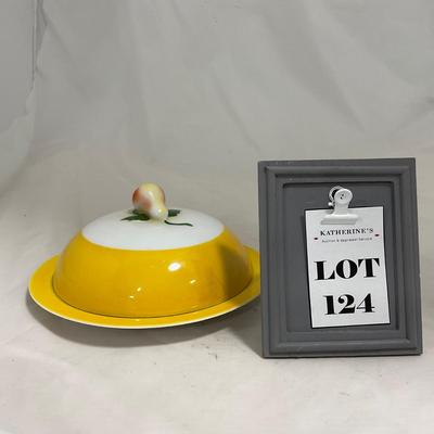 -124- White & Yellow | Pear Finial | Marked | Covered Butter Dish