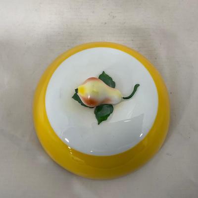-124- White & Yellow | Pear Finial | Marked | Covered Butter Dish
