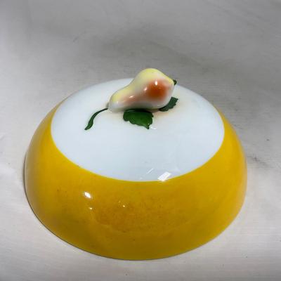 -124- White & Yellow | Pear Finial | Marked | Covered Butter Dish