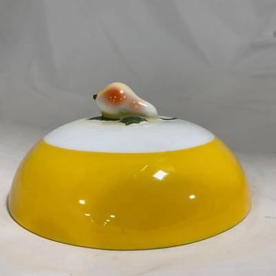 -124- White & Yellow | Pear Finial | Marked | Covered Butter Dish