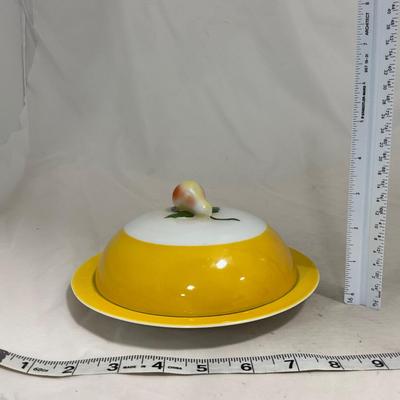 -124- White & Yellow | Pear Finial | Marked | Covered Butter Dish