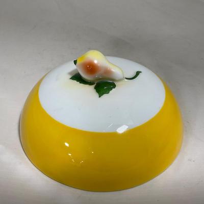 -124- White & Yellow | Pear Finial | Marked | Covered Butter Dish