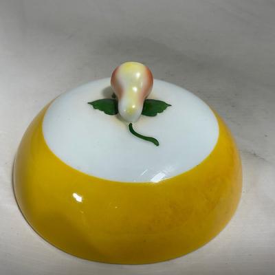 -124- White & Yellow | Pear Finial | Marked | Covered Butter Dish