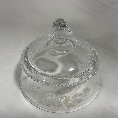 -126- Clear Glass & Floral | Marked | Covered Butter Dish
