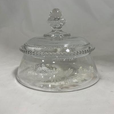 -126- Clear Glass & Floral | Marked | Covered Butter Dish