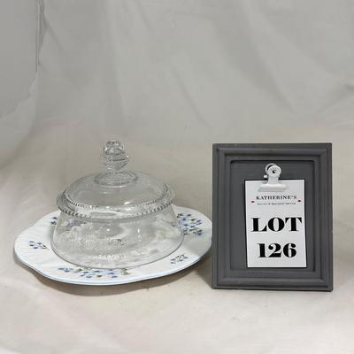 -126- Clear Glass & Floral | Marked | Covered Butter Dish