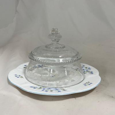-126- Clear Glass & Floral | Marked | Covered Butter Dish