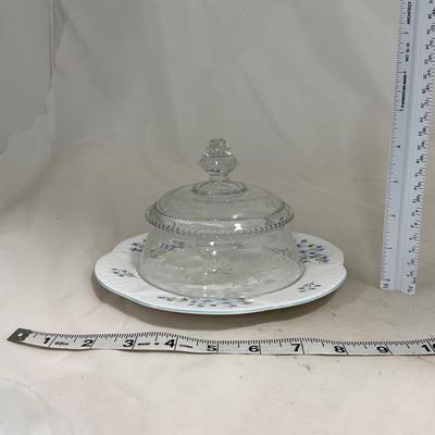 -126- Clear Glass & Floral | Marked | Covered Butter Dish