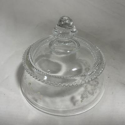-126- Clear Glass & Floral | Marked | Covered Butter Dish