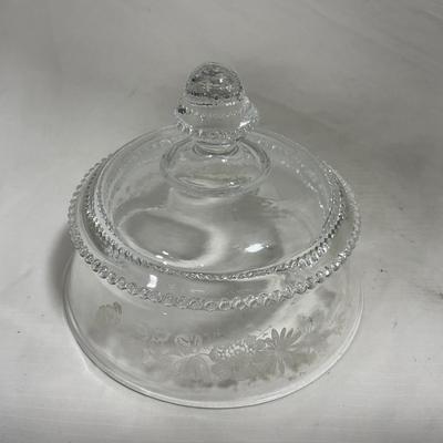-126- Clear Glass & Floral | Marked | Covered Butter Dish