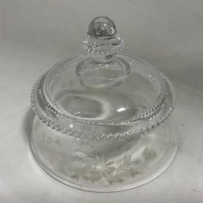 -126- Clear Glass & Floral | Marked | Covered Butter Dish