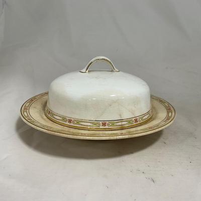-127- White & Tan | Marked | Covered Butter Dish