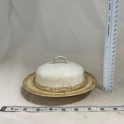 -127- White & Tan | Marked | Covered Butter Dish