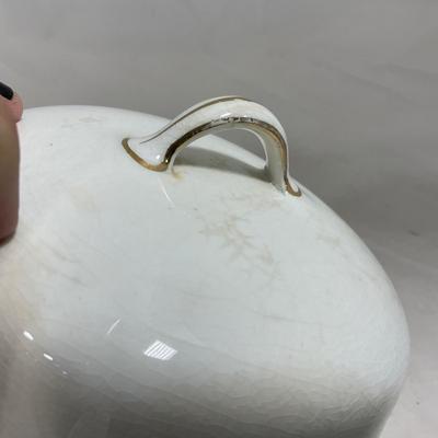 -127- White & Tan | Marked | Covered Butter Dish