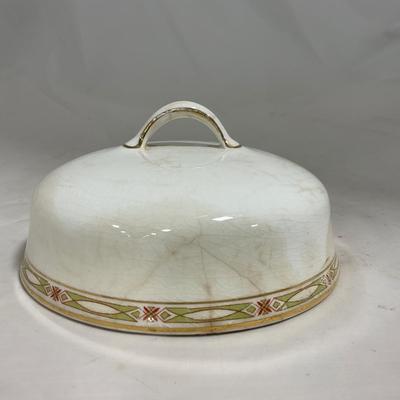 -127- White & Tan | Marked | Covered Butter Dish