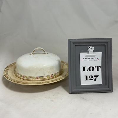 -127- White & Tan | Marked | Covered Butter Dish