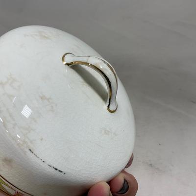 -127- White & Tan | Marked | Covered Butter Dish