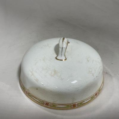 -127- White & Tan | Marked | Covered Butter Dish
