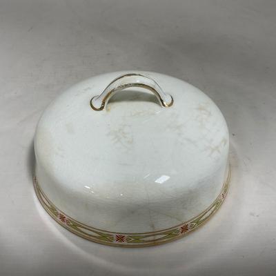 -127- White & Tan | Marked | Covered Butter Dish