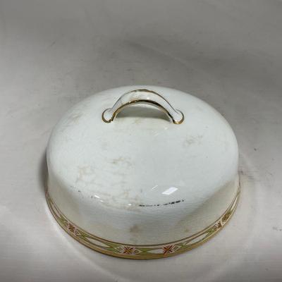 -127- White & Tan | Marked | Covered Butter Dish