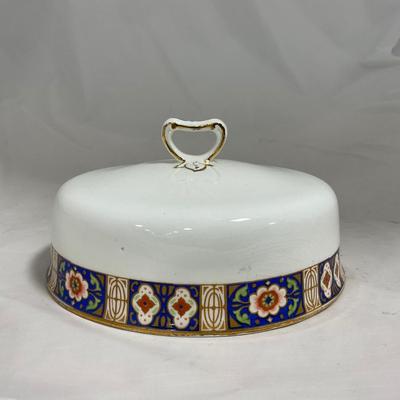 -129- White Blue Red & Gold | Insert | Marked W. H. Grinoley & Co | Covered Butter Dish