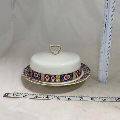 -129- White Blue Red & Gold | Insert | Marked W. H. Grinoley & Co | Covered Butter Dish