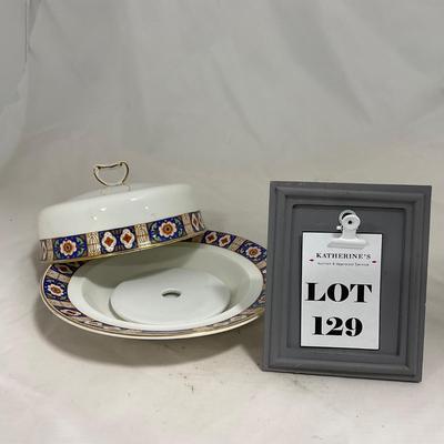 -129- White Blue Red & Gold | Insert | Marked W. H. Grinoley & Co | Covered Butter Dish