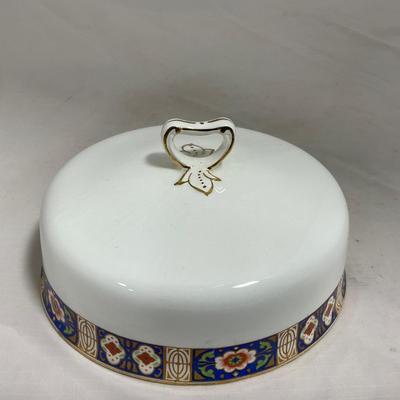-129- White Blue Red & Gold | Insert | Marked W. H. Grinoley & Co | Covered Butter Dish