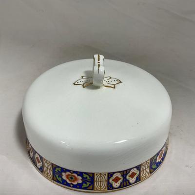 -129- White Blue Red & Gold | Insert | Marked W. H. Grinoley & Co | Covered Butter Dish