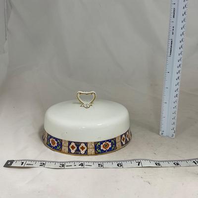 -129- White Blue Red & Gold | Insert | Marked W. H. Grinoley & Co | Covered Butter Dish