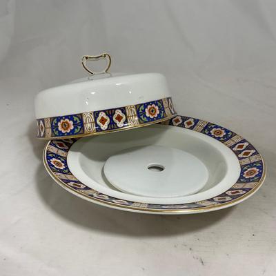 -129- White Blue Red & Gold | Insert | Marked W. H. Grinoley & Co | Covered Butter Dish