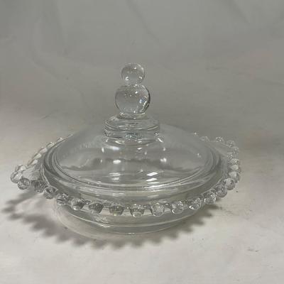-134- Clear Glass | Candlewick Style | Two Covered Butter Dishes | Pedestal Dish | Creamer & Sugar