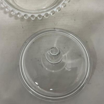 -134- Clear Glass | Candlewick Style | Two Covered Butter Dishes | Pedestal Dish | Creamer & Sugar
