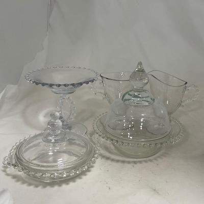 -134- Clear Glass | Candlewick Style | Two Covered Butter Dishes | Pedestal Dish | Creamer & Sugar