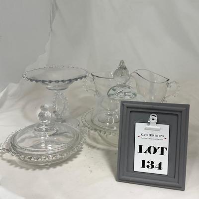 -134- Clear Glass | Candlewick Style | Two Covered Butter Dishes | Pedestal Dish | Creamer & Sugar