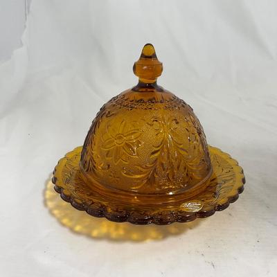 -135- Heavy Amber Colored | A Tiara Marked | Covered Butter Dish