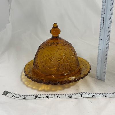 -135- Heavy Amber Colored | A Tiara Marked | Covered Butter Dish