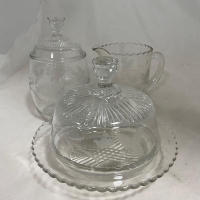 -133- Clear Glass | Frosted Flowers | Covered Butter Dish | Lidded Creamer & Sugar