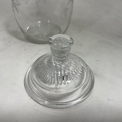 -133- Clear Glass | Frosted Flowers | Covered Butter Dish | Lidded Creamer & Sugar